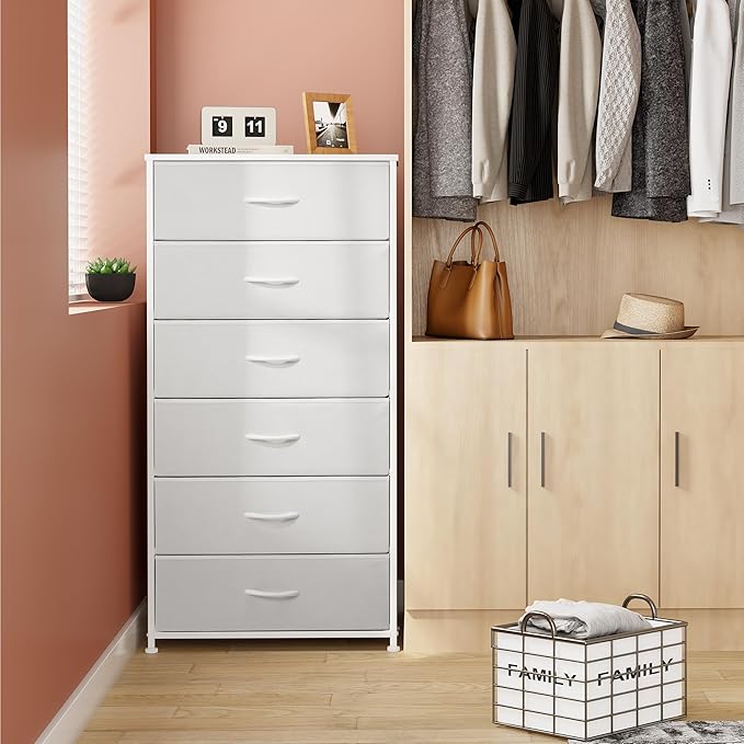 Crestlive Products Dresser for Bedroom with 6 Drawers, Tall Chest of Drawers, White Dressers Bedroom Furniture, Storage Organizer Unit with Bins for Closet, Hallway, Living Room, Entryway