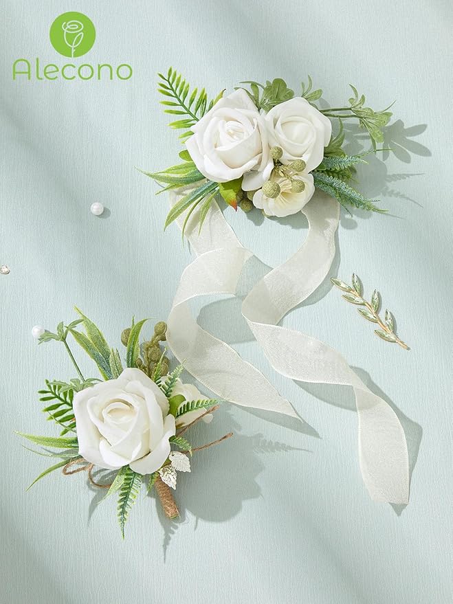 Alecono White Corsage and Boutonniere Set, Rose Bride Wrist Corsage and Groom Boutonniere for Wedding Prom Flower Accessories Suit Decorations
