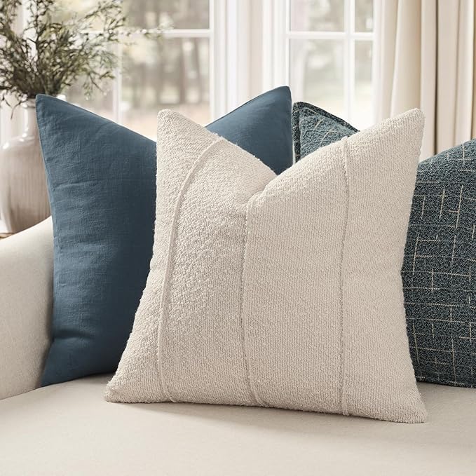 YCOLL Textured Boucle Throw Pillow Covers 24x24 Pack of 2 - Soft Neutral Striped Cushion Covers, Cozy Accent Decorative Pillow Covers for Couch, Sofa, Bed, Living Room (Beige)
