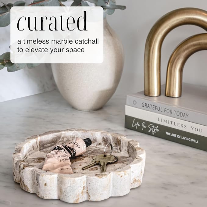 Beige Scalloped Marble Tray - 8 Inch Round Stone Vanity Tray for Perfume & Jewelry, Marble Dish for Bathroom Countertop & Kitchen Counter, Brown Decorative Tray for Bathroom & Kitchen, Modern Catchall
