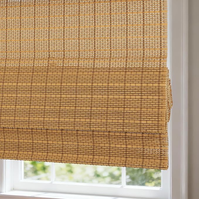 Cordless Bamboo Roman Shades with Beige Blackout Liner, Woven Wood Roman Blinds, Blackout Natural Blinds for Windows, Doors, Thrush, 32" W x 48" H