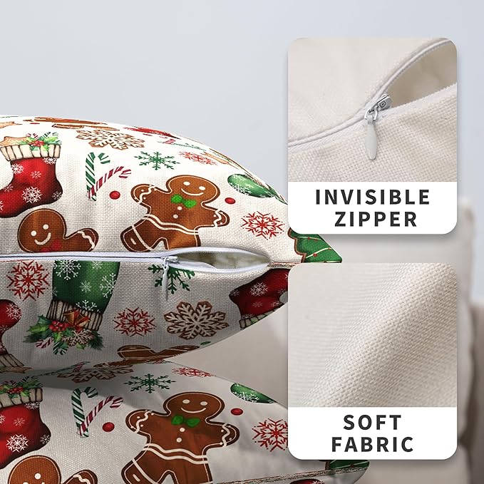 Christmas Pillow Covers 20x20 Set of 2 Gingerbread Man Throw Pillow Covers Xmas Tree Socks Gloves Snowflakes Pillow Case for Holiday Decor Couch Sofa