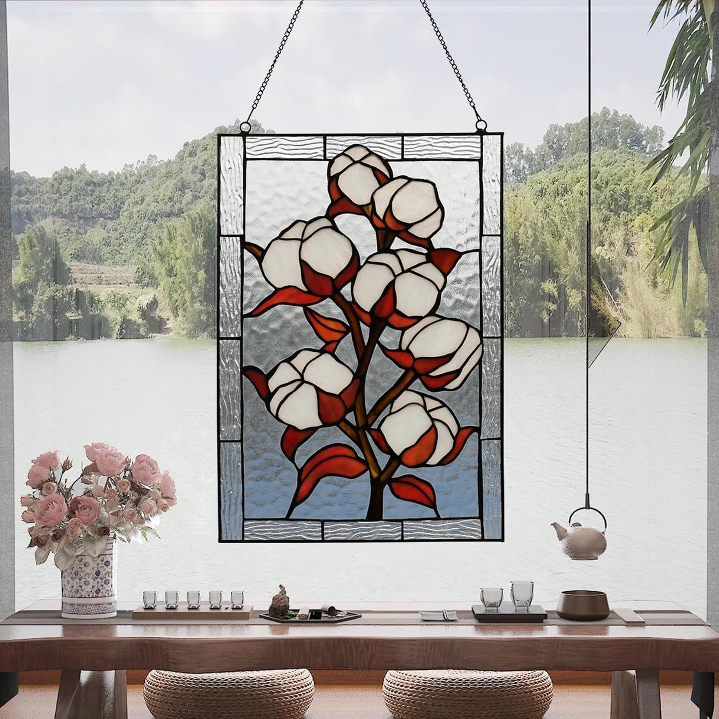 YOURANJU Stained Glass Window Hanging 16" H x 11" W Tiffany Style Rectangular Window Panel Suitable for Living Room Bedroom Kitchen Window Decoration Hangings with Chain (Plum bossom)