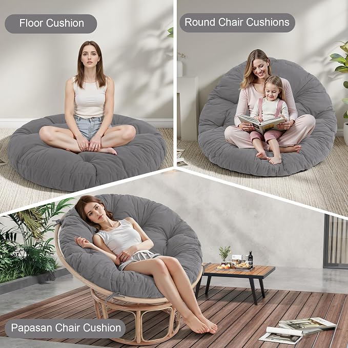 idee-home Papasan Chair Cushion, Circle Papasan Chair Cushion(Cushion Only) | Papasan Cushion with Thick Corduroy Cover, 48 x 48 Inch Cushion for Egg Chair, Light Grey