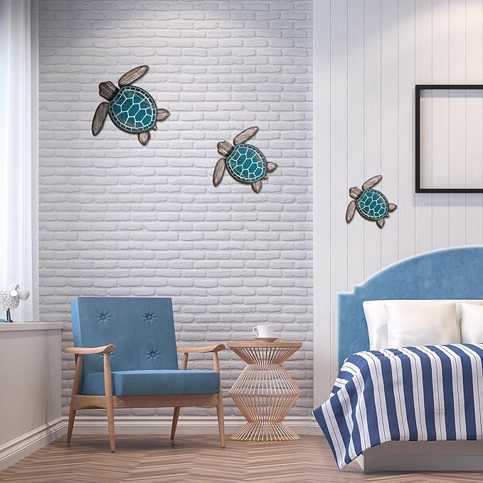 Bucherry 3 Sizes Wooden Sea Turtle Wall Decor Turtle Wall Art Beach Theme Art Decorations Vintage Coastal Ornaments for Pool Home Lake House Bathroom Garden Indoor Outdoor(Wood Color)