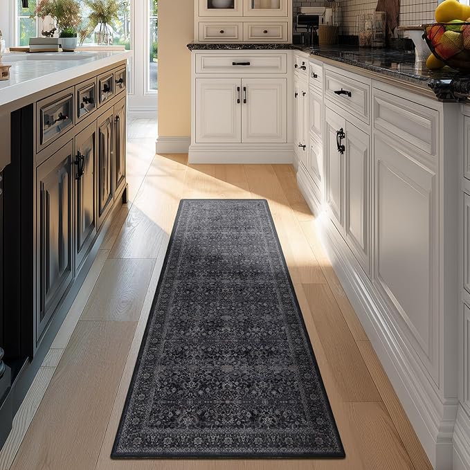 Vintage Dark 2x5 Rug Runners for Hallways, Non Slip Machine Washable Kitchen Runner, Low Pile Lightweight Carpet Runner for Entryway/Bathroom/Corridor/Laundry Room, Midnight