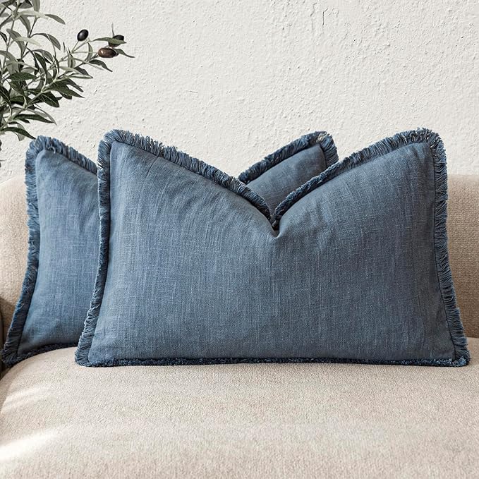 Foindtower Set of 2 Decorative Linen Fringe Lumbar Throw Pillow Covers Farmhouse Cushion Cover with Tassels Soft Accent Pillowcase for Couch Sofa Bed Living Room Home Decor,12×20 Inch,Dark Blue