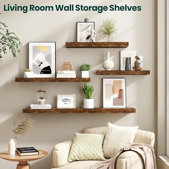 Floating Shelves for Wall 32 in x 9.3 in Deep, Wall Mounted Rustic Wood Shelf with Invisible Brackets for Storage & Display, Living Room Bedroom Bathroom, Brown, 2 Pack