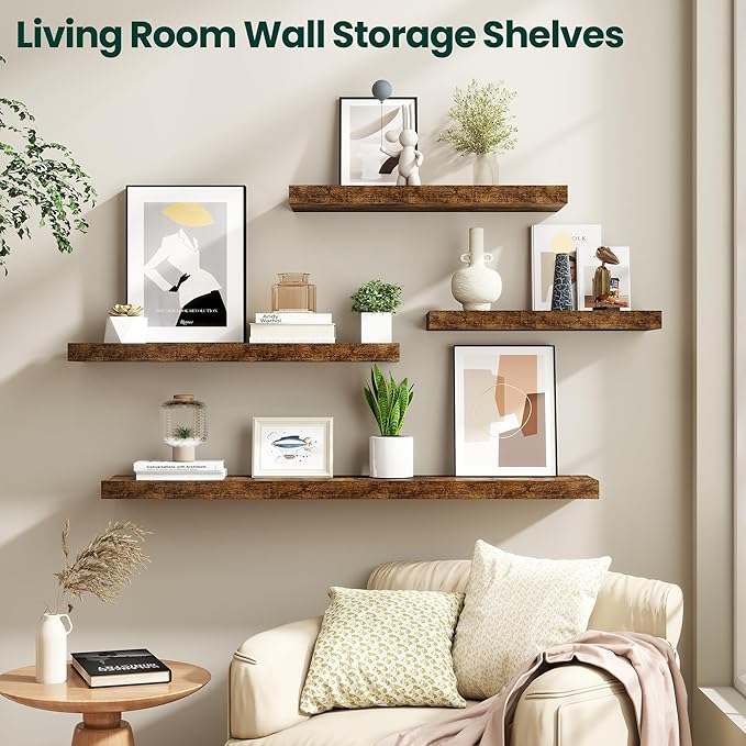 Floating Shelves for Wall 55 in x 9.3 in Deep, Wall Mounted Rustic Wood Shelf with Invisible Brackets for Storage & Display, Living Room Bedroom Bathroom, Brown, 1 Pack