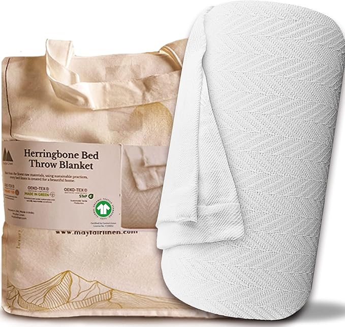 Mayfair Linen Cotton Throw Blankets for Bed King Size - Herringbone Pattern Cotton Blankets King Size (1 PC, White), Breathable, Soft & Cozy Thermal All Season Throw for Bed Couch Chair Outdoors