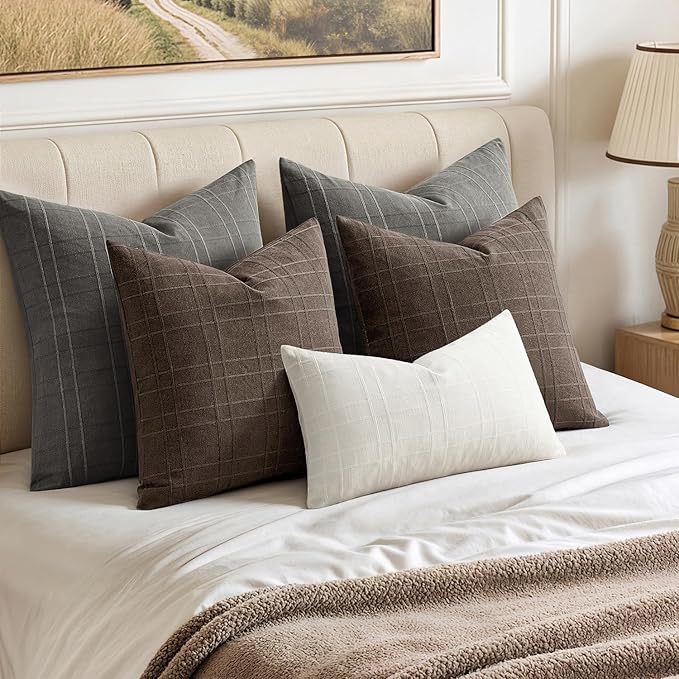 MIULEE Decorative Linen Check Lumar Throw Pillow Covers Neutral Farmhouse Vintage Pillow Covers 24x24 Inch Set of 2 Boho Modern Home Decor for Sofa Couch Bedroom Cushion Chair Charcoal Gray