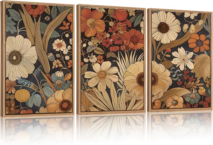 CHDITB Boho Burnt Orange Terracotta Wildflowers Framed Wall Art(12"x16"), 3 PCS Abstract Floral Canvas Artwork, Large Modern Vintage Botanical Nature Art Wall Decor for Home Office Living Room Bedroom