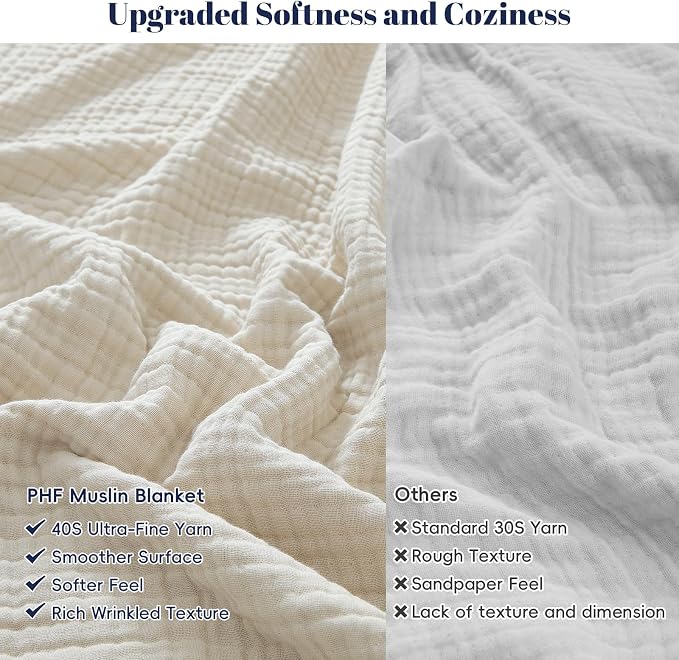PHF 100% Cotton Muslin Throw XL Blanket Large 50" x 70", 4-Layer Lightweight Gauze Throw, Breathable Cloud-Soft Minimalist Blanket for Bed, Couch, Camping & Baby, Oat Milk, Ideal Gift