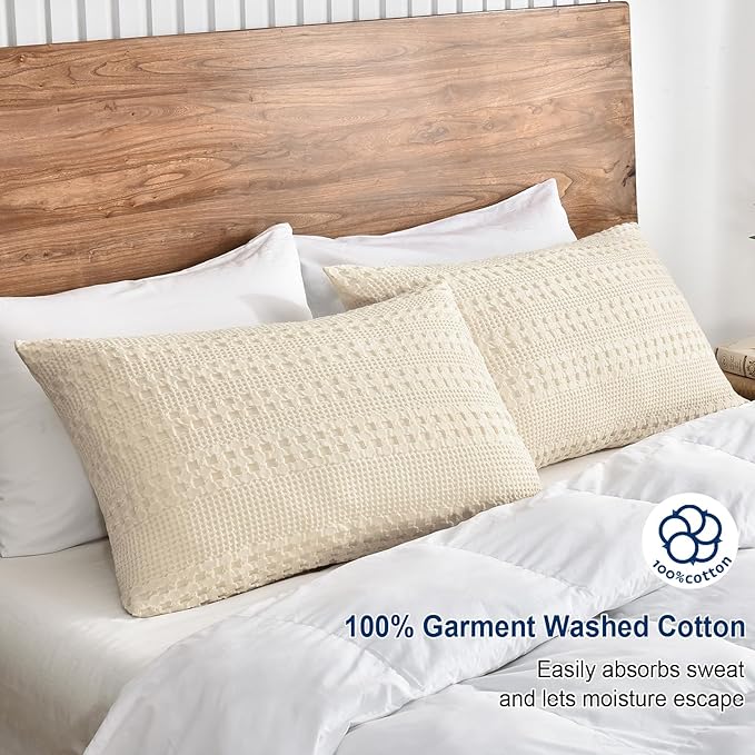 PHF Waffle Weave Pillow Shams Queen Size, 2 Pack 100% Cotton Pillowcases 20" x 30", No Insert, Soft & Breathable Aesthetic Woven Pillow Case Covers for Bedroom Decor, Natural