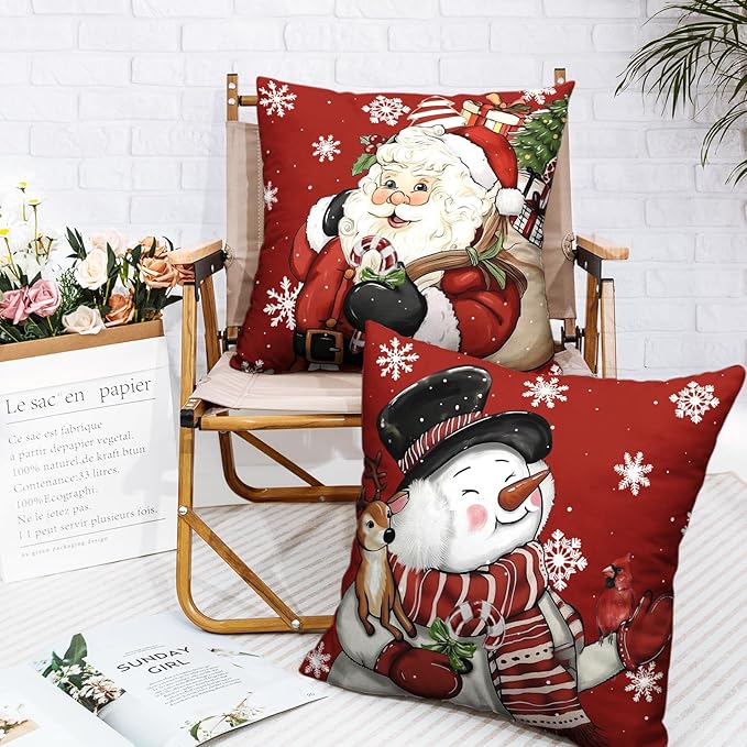 Lovely Christmas Snowman Pillow Covers Santa Throw Pillow Covers 20x20 Set of 2 Red Xmas Pillowcase Winter Snowflakes Cushion Case for Holiday Decorations Couch Sofa