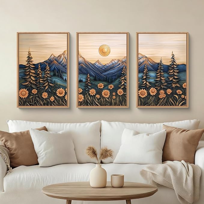 Vintage Woodcut Style Mountain Framed Canvas Wall Art Set, Natural Forest Pine Tree Sunflower Wall Decor,Abstract Sunrise Botanical Landscape Artwork for Living Room,Bedroom,Office-24 x36 x3