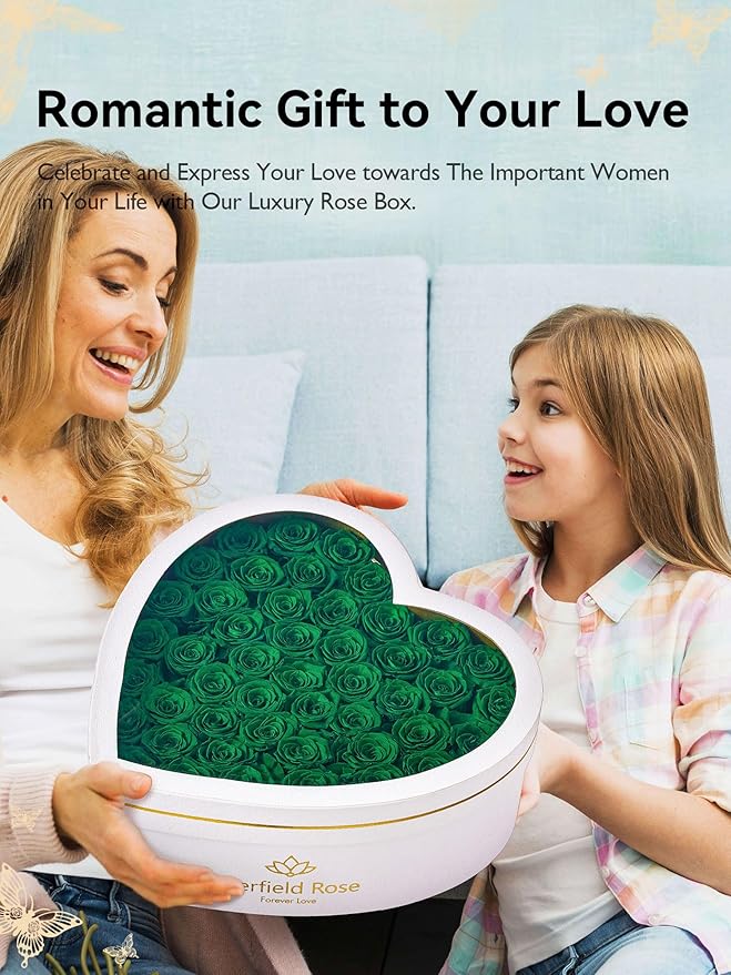 Eterfield 47 Forever Flowers in Heart Shape Box, Preserved Roses That Last a Year Preserved Flowers Birthday Gifts for Her Mom Women Wife Anniversary Valentines Day Mothers Day Christmas, Green