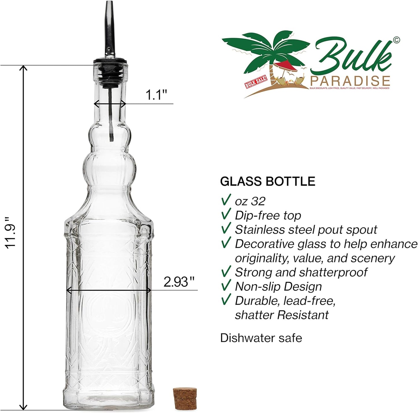 Large Clear Decorative Glass Bottle with Spout and Cork, 32oz, 1 Bottle - Design: COGNAC (3in X 11.9in)