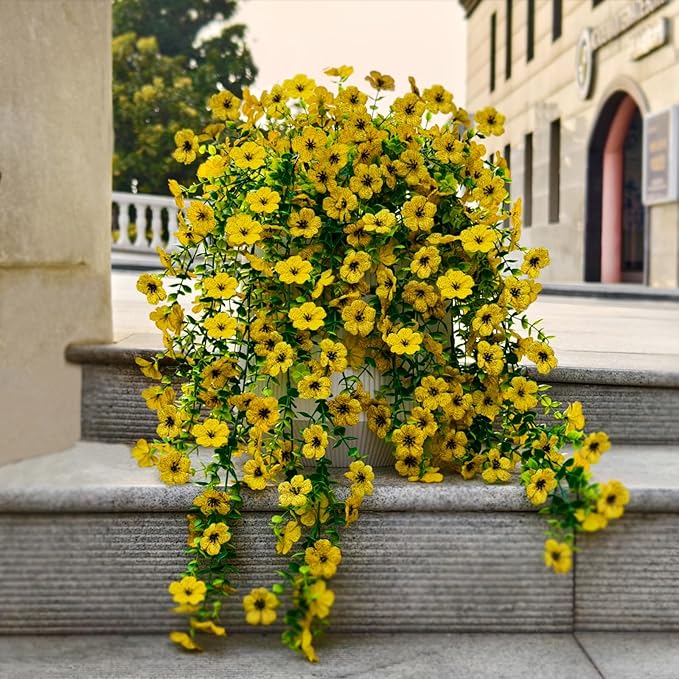 4 Pcs Fake Outdoor Artificial Flowers For Outdoors Uv Resistant, Plastic Flowers For Outdoors, Fake Hanging Plants Faux Flowers For Outdoor Planters, Silk Spring Flowers For Outside Porch（Yellow）