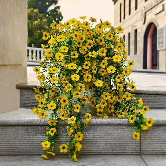 4 Pcs Fake Outdoor Artificial Flowers For Outdoors Uv Resistant, Plastic Flowers For Outdoors, Fake Hanging Plants Faux Flowers For Outdoor Planters, Silk Spring Flowers For Outside Porch（Yellow）