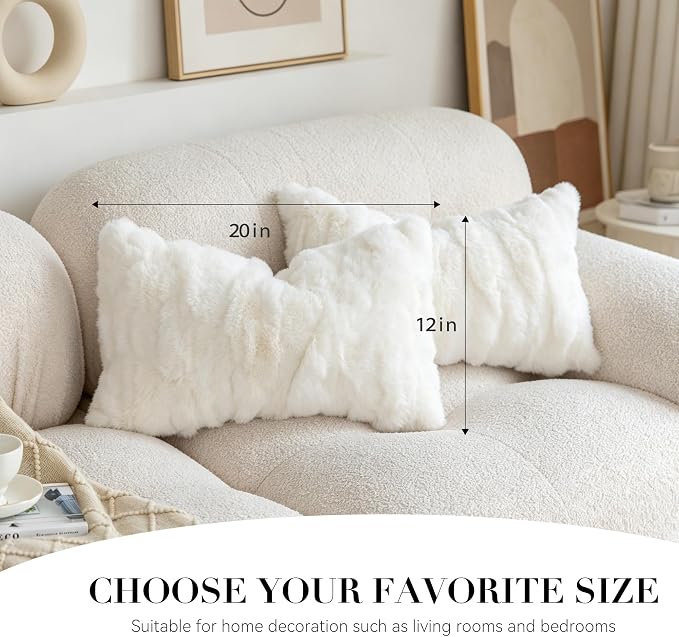 MOOX Rabbit Fur Pillow Covers Set of 2 Fur Throw Lumbar Decorative Pillow Fuzzy Soft Fluffy Genuine Animal Skin 12"x20" Sofa Couch Bed Cover, White