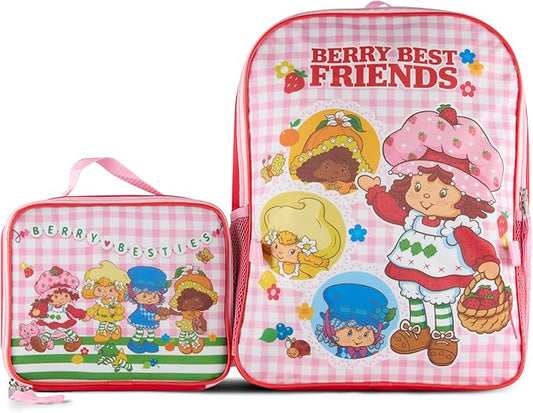 AI ACCESSORY INNOVATIONS Strawberry Shortcake 2 Piece Backpack Set for Girls, 16 Inch Berry Besties School Bag with Adjustable Padded Straps, Pink Gingham Pattern