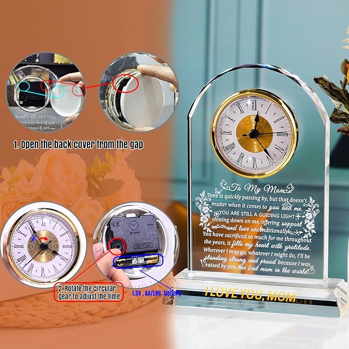 Ornalrist Gifts for Mom Crystal Clock Form Son Daughter on Mother's Day, Birthday - to My Mom Crystal Clock for Mother Desk Home Decor (8.8in, Gift Boxed)