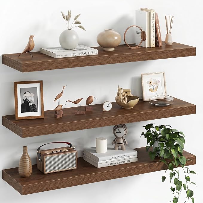 Fun Memories 30Inch Floating Shelves for Wall, 8 Inch Deep Shelves for Bathroom|Bedroom|Kitchen Wall Mounted, Wood Hanging Shelf with Invisible Brackets for Home Storage Decor, Walnut - 3 Pack