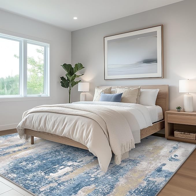BEIMO Area Rugs 10x14 for Living Room Bedroom, Modern Abstract Machine Washable Large Blue Cream Rug, Soft Low Pile Floor Carpet with Non Slip Backing for Dining Room