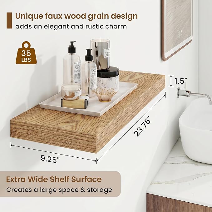 Marsmiles 24in Floating Shelves for Wall, 24" W x 9.25" D x 1.25" H, 2 Pack Long Wall Mounted Engineered Wood Shelves with Invisible Brackets for Living Room, Bedroom, Bathroom, Kitchen, Cedar