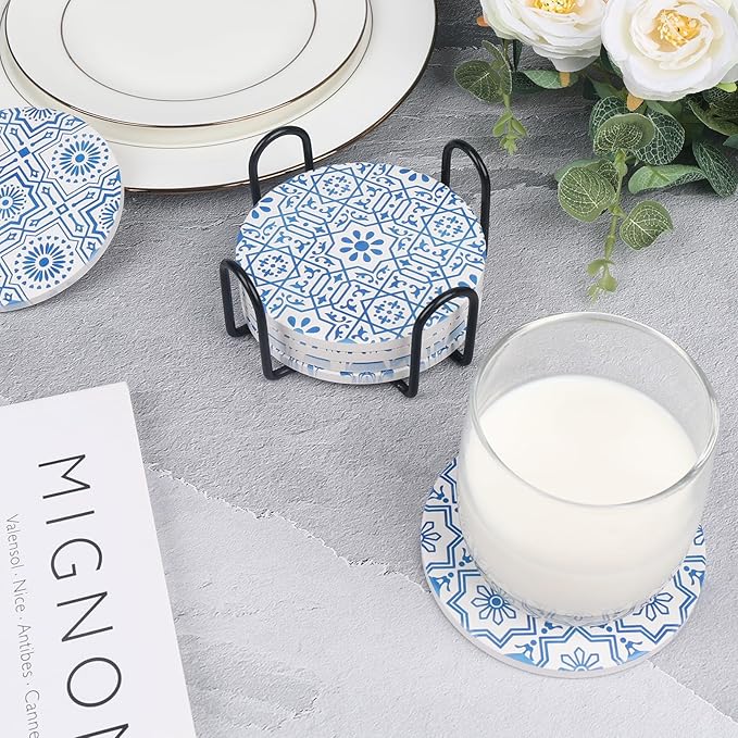 Coasters with Holder,Blue and White Style Ceramic Drink Coaster, Absorbent Coaster Sets of 6 for Tabletop Protection,Suitable for Kinds of Cups,Cool Home Decor, Wooden Table, 4.1 Inches