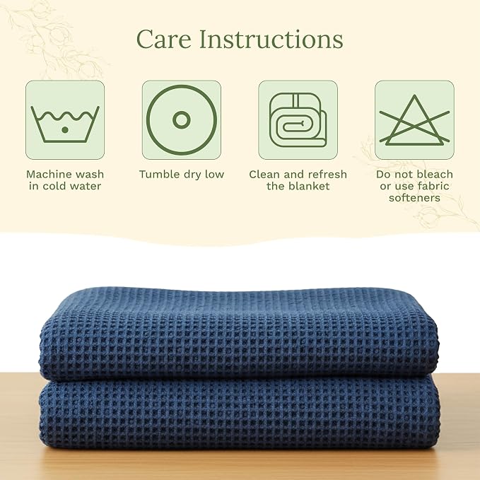 Blue Queen Size Waffle Weave Blanket - 100% Cotton, Soft and Cozy, Lightweight, Breathable and Perfect for Year-Round Comfort - Fits Queen and Full Bed (Blue - Queen/Full)