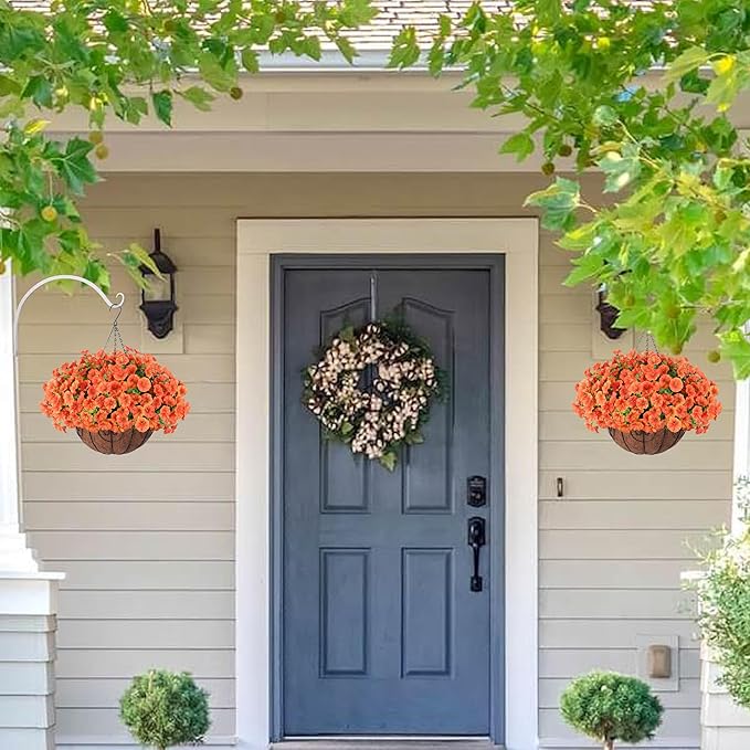 Artificial Faux Hanging Flowers Plants Basket for Outdoors, 12 Bundles UV Resistant Faux Outside Silk Morning Glory for Planter Realistic Artificial Flowers for Outdoor Porch Garden Patio, Orange