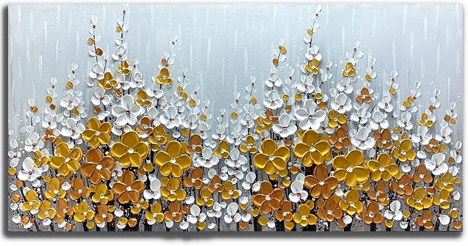Yika Art Paintings - 24X48 Inch 3D Golden Silver Flower Tree Wall Art Abstract Textured Knife Platte Acrylic Painting on Canvas 3D Flowers Tree Paintings Ready to hang