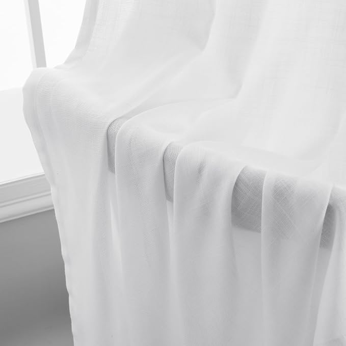 White Linen Curtains 72 Inches Long 2 Panels Set for Living Room Dining Grommet Flax Linen Drapes Light Filter Semi Sheer Boho Farmhouse Neutral Window Curtain 72 Inch Length for Closet Bedroom