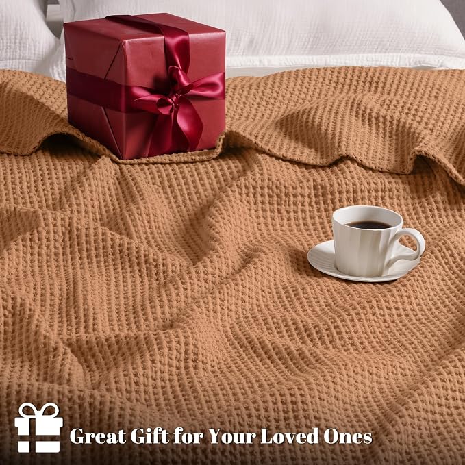 PHF Pre-Washed Cotton Waffle Weave Blanket Queen Size for Bed,Snag Proof Throw Blanket for Couch Spring Summer Lightweight Breathable,Oeko-TEX Certified,Machine Washable,Home Decor Gift-Cinnamon Brown
