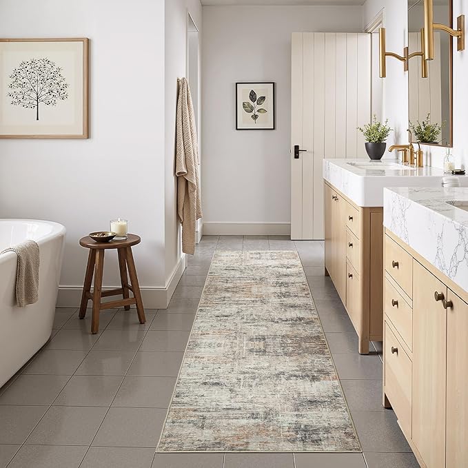 Lofus 2 x10 Area Rug for Hallways, Gold Abstract Washable Runner Rugs with Non Slip Rubber Backing, Low Pile Soft Carpet Runner for Kitchen Bathroom Bedroom Laundry