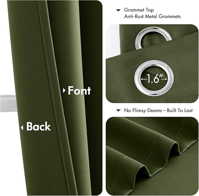 MIULEE Olive Green Blackout Curtains for Bedroom Living Room 63 Inches Long 2 Panels, Thermal Insulated Room Darkening Drapes Solid Grommet Noise Reduction Light Blocking Window Treatments 34x63 Inch