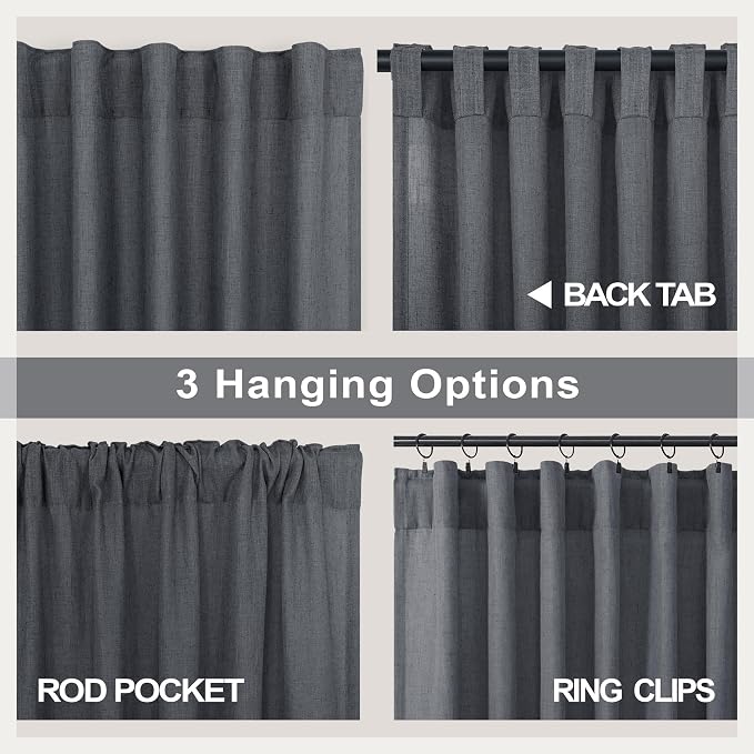 Grey Curtains for Living Room 96 Inches Long 2 Panels Back Tab Light Filtering Linen Semi Sheer Modern Farmhouse 8ft Curtain Drapes for Bedroom Home Office Ceiling to Floor Length Charcoal Dark Gray