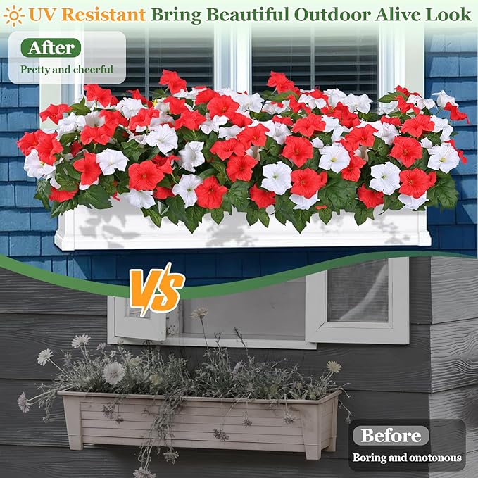 MARTINE MALL Artificial Flowers for Outdoors, 4 Bundles Realistic Fake Outdoor Flowers, UV Resistant Silk Petunia Flower for Outside Look Real Faux Flower Plants for Outdoor Porch Decor, Red White