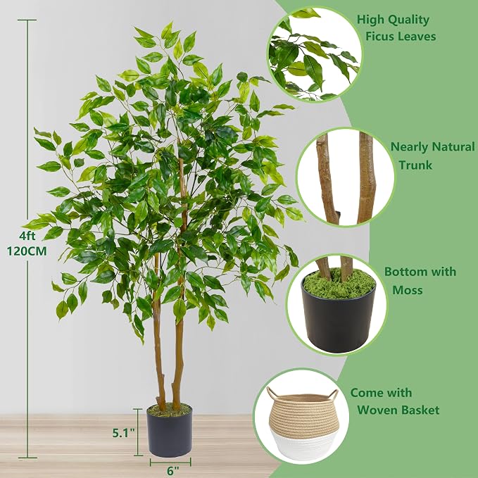 Warmplants Artificial Ficus Tree, 4ft Tall Fake Ficus Tree with Basket, Faux Plant for Indoor Outdoor Home Livingroom Office Garden Porch Décor