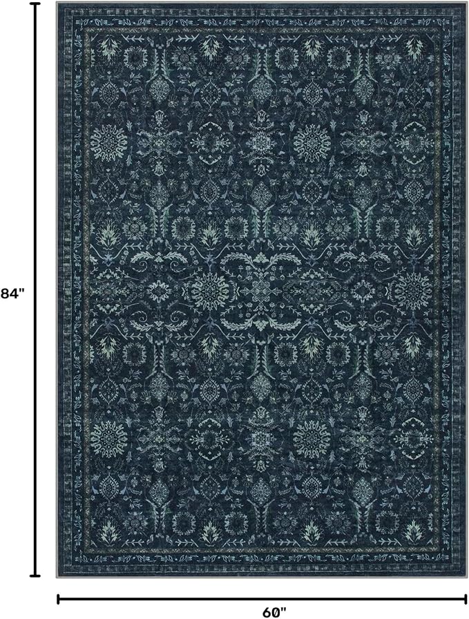 Lahome Navy Blue Rug 5x7, Boho Dark Washable Rugs for Living Bedroom Room | Vintage Carpet for Office, Rubber Backed Non Slip Carpets for Dorm Dining Room Apartment
