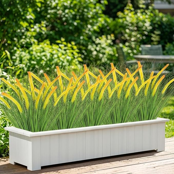 14PCS Artificial Yellow Dog Tail Grass Onion Grass UV Resistant Outdoors Faux Shrubs Ornamental Wheat Grass Cattails Faux Bushes Home Decor for Outdoor Garden