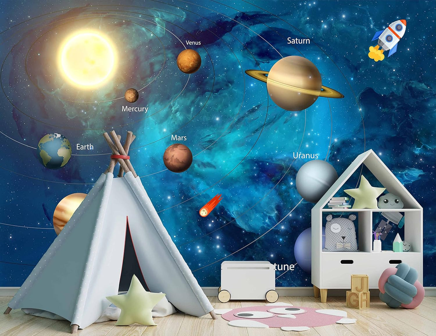Kids Universe Planet Galaxy Wallpaper Solar System Starry bight Sky Ceiling Nursery Wall Mural - 91"x65"（Not Peel and Stick）