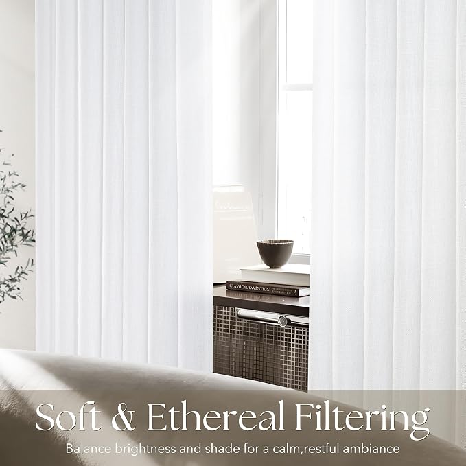 Pinch Pleated White Curtains 102 inch Length for Living Room 2 Panels Light Filtering Semi Sheer White Linen Drapes Modern Elegant Coastal Decor Aesthetic Memory Shape Window Curtain 102 inches Long