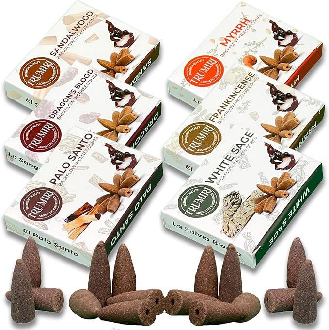 Woody - Backflow Incense Cones for Waterfall - Scented Inscents-Cones - Sandalwood, Dragons Blood, Palo Santo, White Sage - Insiensos Aromaticos - 6x10=60 Large Variety Pack - Back Flow Down Reverse