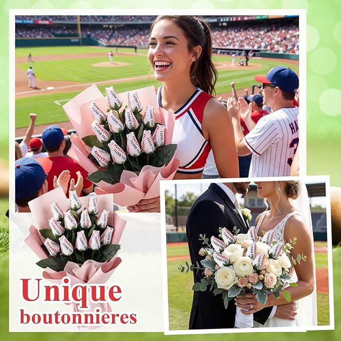 Suhine 12 Pcs Artificial Baseball Rose Flower Gifts for Mom Coach Boyfriend Girlfriend Sports Party Favors Bulk for Birthday Graduation Wedding Party Decorations Table Centerpieces(Love Color, Normal)