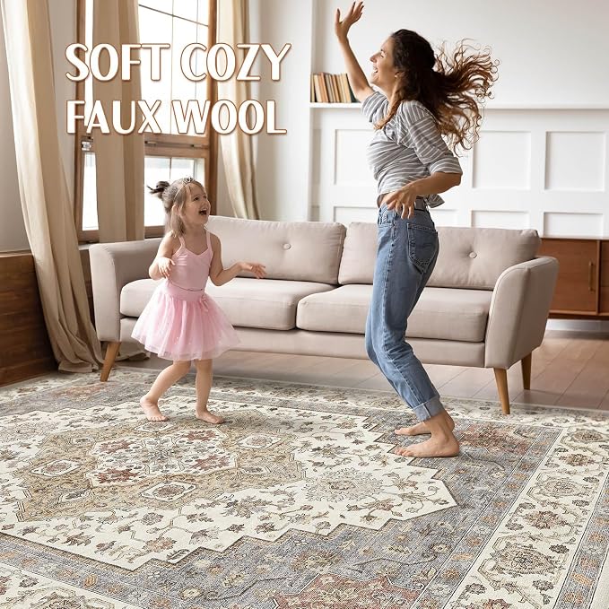 9x12 Area Rug Living Room: Washable Boho Large Neutral Vintage Soft Rugs Stain Resistant Farmhouse Non-Slip Indoor Floor Carpet for Bedroom Nursery Kids Playroom Office Dining Room- Orange Beige