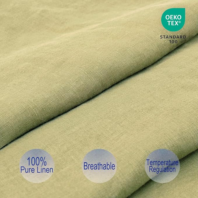 Olive Green Ruffles Linen Pillowcase, 100% French Linen Pillow Cover, Queen Size 1 Piece Farmhouse Shabby Chic Pillow Case, 20''x30'' Pillowcase with Decorative Ruffle Envelope Closure