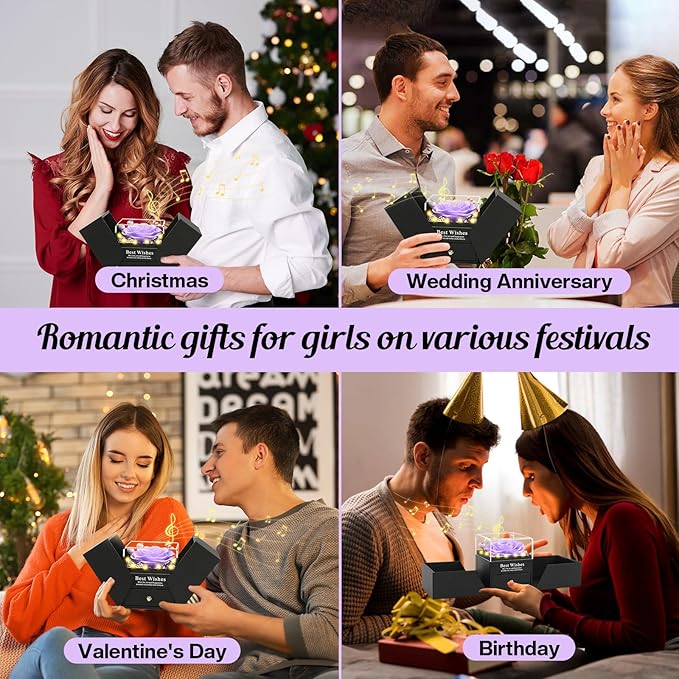 Pasuvsigt Mothers Day Mom Birthday Gifts for Women, Preserved Real Rose with I Love You Heart 100-Language Necklace, LED Lights & Music Box, Anniversary for Women Girlfriend Mom